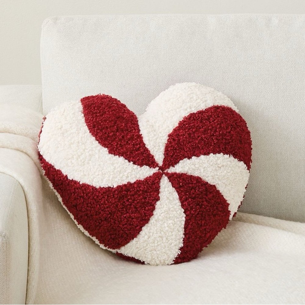 New Pottery Barn Cozy Teddy Peppermint Swirl Heart Shaped Pillow, Red, 16 x 15”